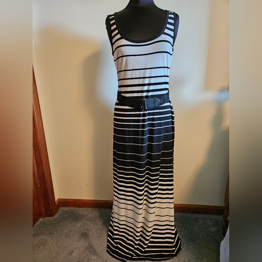 Coldwater Creek Black and White Striped Knot Maxi Dress 10